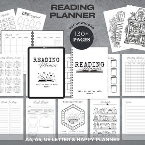 May include: A black and white printable reading planner with over 130 pages. The planner includes sections for monthly reading logs, book reviews, reading trackers, and more. The planner is available in A4, A5, US Letter, and Happy Planner sizes.