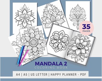 May include: A coloring book with the title "MANDALA 2 COLORING BOOK" and the text "35 PAGES" in a pink circle. The book features black and white illustrations of mandalas with floral designs. The book is open to reveal a page with a detailed mandala illustration.