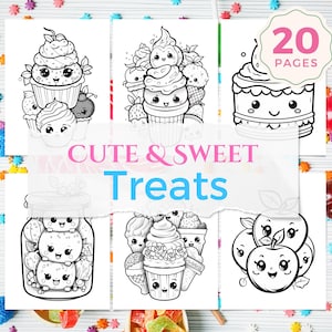 Cute Kawaii Coloring Book - 20 Pages of Adorable Food - Bold and Easy - Digital Download for Kids and Adults - Fun Activity