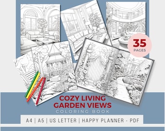 May include: A coloring book with 35 pages featuring black and white illustrations of cozy living spaces with garden views. The book cover shows a variety of scenes, including a living room with large windows, a gazebo in a garden, and a pathway leading to a house. The title of the book is "Cozy Living Garden Views Coloring Book".