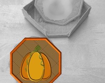 Machine Embroidery Design (by Request)-ITH Fall Applique Pumpkin Coaster and Holder in 2 sizes