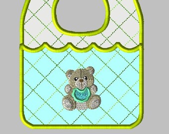 Machine Embroidery Design-ITH-Newborn Baby Bib-Teddy Bear for 5x7 minimum hoop size.