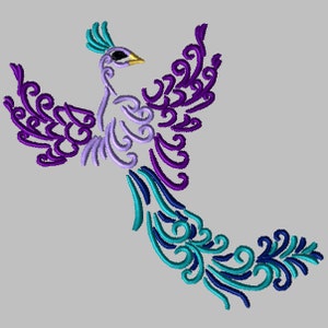 May include: A purple and teal stylized bird with intricate details, resembling a phoenix, with its wings spread wide.
