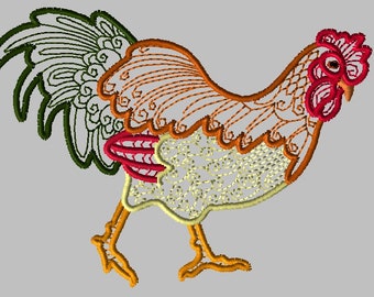 May include: A stylized embroidered rooster with a green, orange, and yellow tail, a red comb, and orange legs.