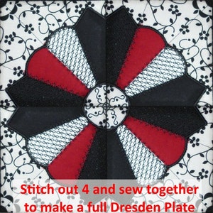 Puede incluir: Un primer plano de un bloque de colcha de tela rojo, negro y blanco con un diseño de Plato de Dresde. El texto "Stitch out 4 and sew together to make a full Dresden Plate" está en la parte inferior de la imagen.