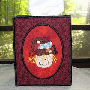 Machine Embroidery Design-In the Hoop-Tissue Box Cover-Happy Fall Scarecrow for 5x7 hoop or larger.