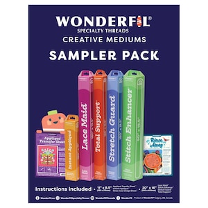 May include: A sampler pack of Wonderfil specialty threads for creative mediums. The pack includes six different types of thread: Lace Maid, Total Support, Stretch Guard, Stitch Enhancer, Instant Appliqué, and Rinse Away. Each thread is packaged in a colorful box with a description of its use. The pack also includes an appliqué transfer sheet and instructions.