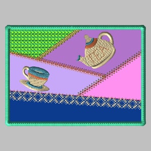 May include: A colourful embroidered patch featuring a teacup, teapot, and a geometric design. The patch is framed with a green border.