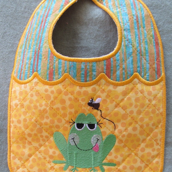 Machine Embroidery Design-ITH-Newborn Baby Bib-Frog with Fly for 5x7 hoop.