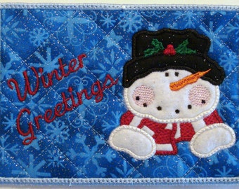 Machine Embroidery Design-ITH-Mug Rug-Applique Snowman with 2 sizes, 5x7 and 6x10 hoops