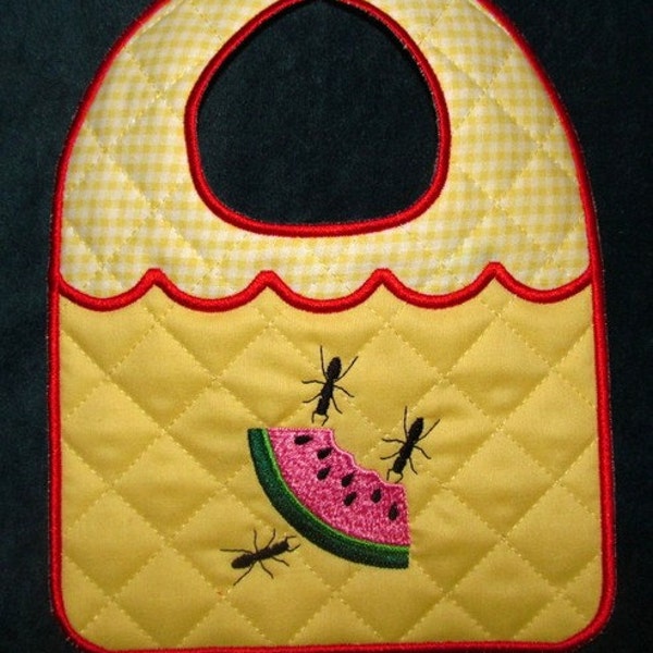 Machine Embroidery Design- ITH-Newborn Baby Bib-Ants Eating Watermelon for 5x7 or larger hoop.