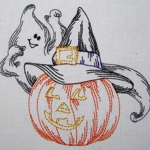 Machine Embroidery Design- Halloween Colorline #01- Ghost and Jack O&#39; Lantern with Witch Hat- with 3 sizes Included!