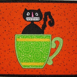 Machine Embroidery Design-ITH-Mug Rug-Applique&#39; Coffee Cup with Halloween Scaredy Cat includes 2 sizes, 5x7 and 6x10 hoops