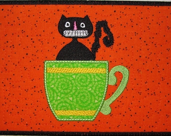Machine Embroidery Design-ITH-Mug Rug-Applique' Coffee Cup with Halloween Scaredy Cat includes 2 sizes, 5x7 and 6x10 hoops