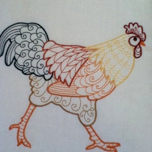 May include: A detailed embroidered design of a rooster in shades of orange, yellow, and black. The rooster is walking with its head turned to the side.