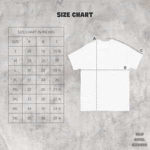 Puede incluir: Tabla de tallas para camisetas en pulgadas. La tabla muestra las medidas de pecho, largo y manga para las tallas S a 5XL.