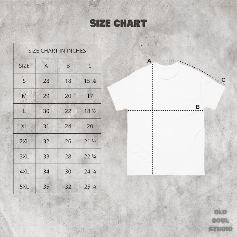 Puede incluir: Tabla de tallas para camisetas en pulgadas. La tabla muestra las medidas de pecho, largo y manga para las tallas S a 5XL.
