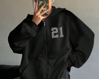 21 Jersey Numbers Zip Up Hoodie, Trendy Zipper Y2k Hoodie, Unisex Graphic Rhinestone numbers Sweatshirt, Pump Cover, Streetwear Clothes