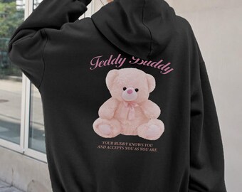 Pink Teddy Bear Hoodie, Y2K Hoodie, Streetwear Sweatshirt, Preppy Clothes, Coquette Pullover, Trendy Graphic Animal Hoodie, Gift for friend