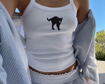 Black Cat Y2k Baby Tee, Hissing Cat Tank Top, 90s Aesthetic Baby Tee, Alt Clothing, Gothic Clothes, Trendy y2k baby tee, Vintage Cat Top