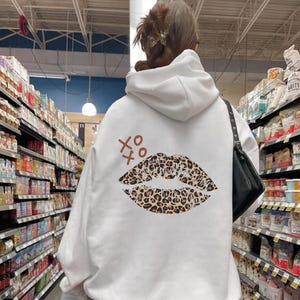Leopard Print Kiss Hoodie, XoXo Lips Sweatshirt, Y2k Hoodie, Pump Cover, Trendy Leopard Print Pullover, Y2K Sweater, Teenage Girl Gifts
