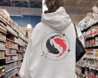 Koi Fisch Hoodie, Y2k Hoodie, Japanische Streetwear, Y2k Sweatshirt, Alt Kleidung, Harajuku-Stil, trendiger Koi Fisch Rundhalsausschnitt, Unisex Hoodie