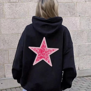 Pink Leopard Print Star Hoodie, Y2k Hoodie, Sweatshirt Y2k, Preppy Pullover, Pump Cover, Trendy Leopard Print Clothes, Coquette Aesthetic