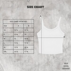 May include: Size chart for a tank top in inches. The chart shows the measurements for the bust and length of the tank top in sizes XS, S, M, L, XL, and 2XL.