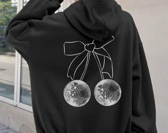 Y2K Disco Ball Cherries Hoodie, Y2k Hoodie, Retro Mirrorball Sweatshirt, Aesthetic Preppy Sweater, Coquette Pullover, Teenage Girl Gifts