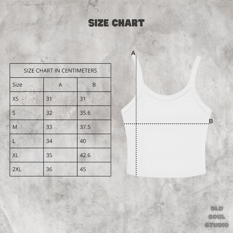 May include: Size chart for a tank top in centimeters. The chart shows measurements for the bust and length of the tank top in different sizes: XS, S, M, L, XL, and 2XL.