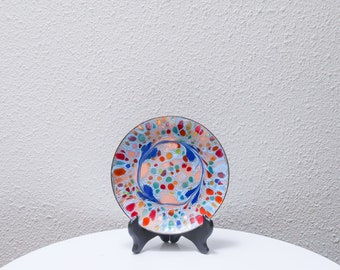 Colorful Mid Century enamel over copper swirl plate tray by Gee Vee