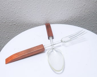 Mid Century Walnut wood & acrylic fork and spoon serving utensils