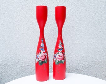 Vintage MCM red floral Scandinavian wooden candle holder pair