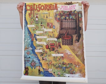 RARE Mid Century California WINE Advisory Board promotional 50s / 60s original lithograph poster map by Amado Gonzalez