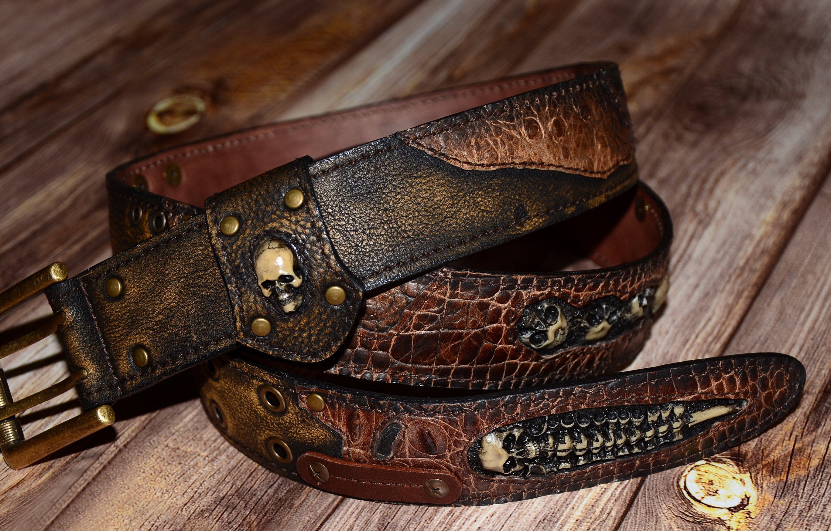 Men's leather belt with SKULLS Brown leather belt Etsy