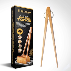 May include: Beech wood tongs, 25 cm in length, with a natural wood finish. The tongs have a metal ring and are designed for removing food. The packaging reads "PREMIUM BEECH WOOD TONGS".