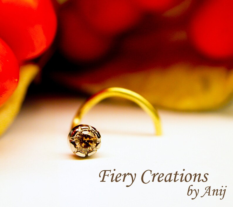 Nose Screw Tragus stud Flowering Thistle OOAK Luscious Cognac Diamond 18kt SOLID Yellow Gold with a 3pt 1.9mm