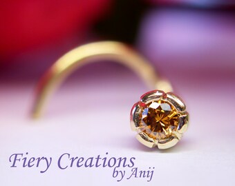 Nose Screw / Tragus stud "Flowering Thistle" - 18kt  SOLID Yellow Gold with a 3pt (1.9mm) Luscious Cognac Diamond, OOAK