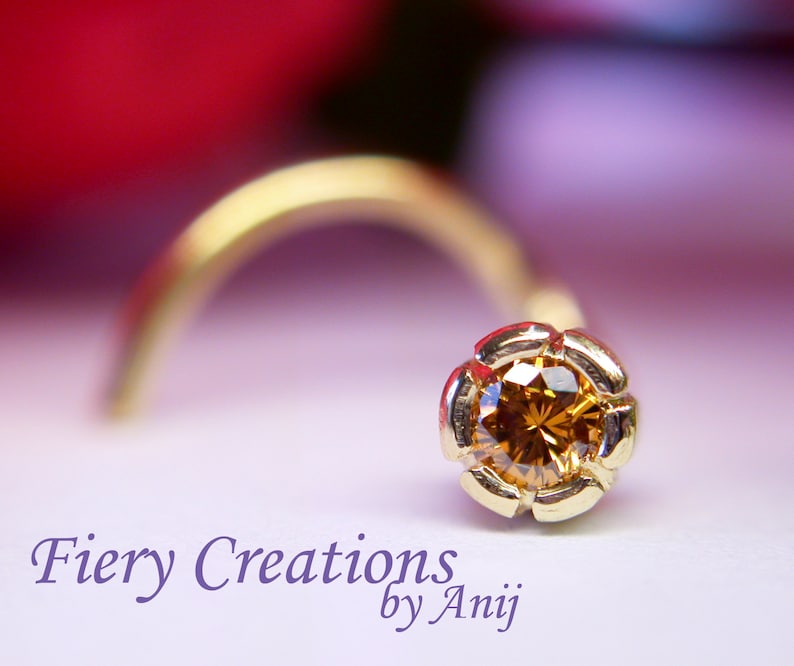 Nose Screw Tragus stud Flowering Thistle OOAK Luscious Cognac Diamond 18kt SOLID Yellow Gold with a 3pt 1.9mm