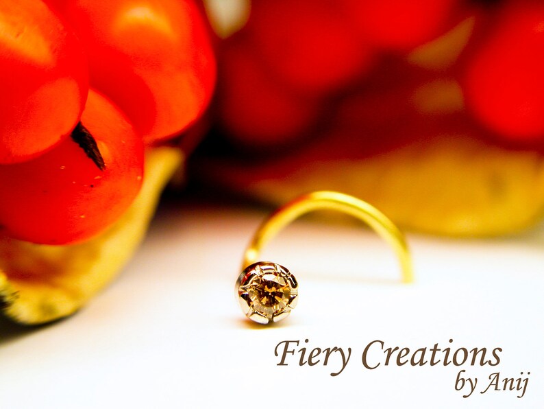 Nose Screw Tragus stud Flowering Thistle OOAK Luscious Cognac Diamond 18kt SOLID Yellow Gold with a 3pt 1.9mm