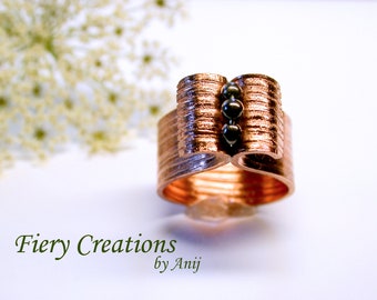 Cigar Band Ring "Fountain" Hand Fabricated, Engraved Copper Band with Hematite, OOAK