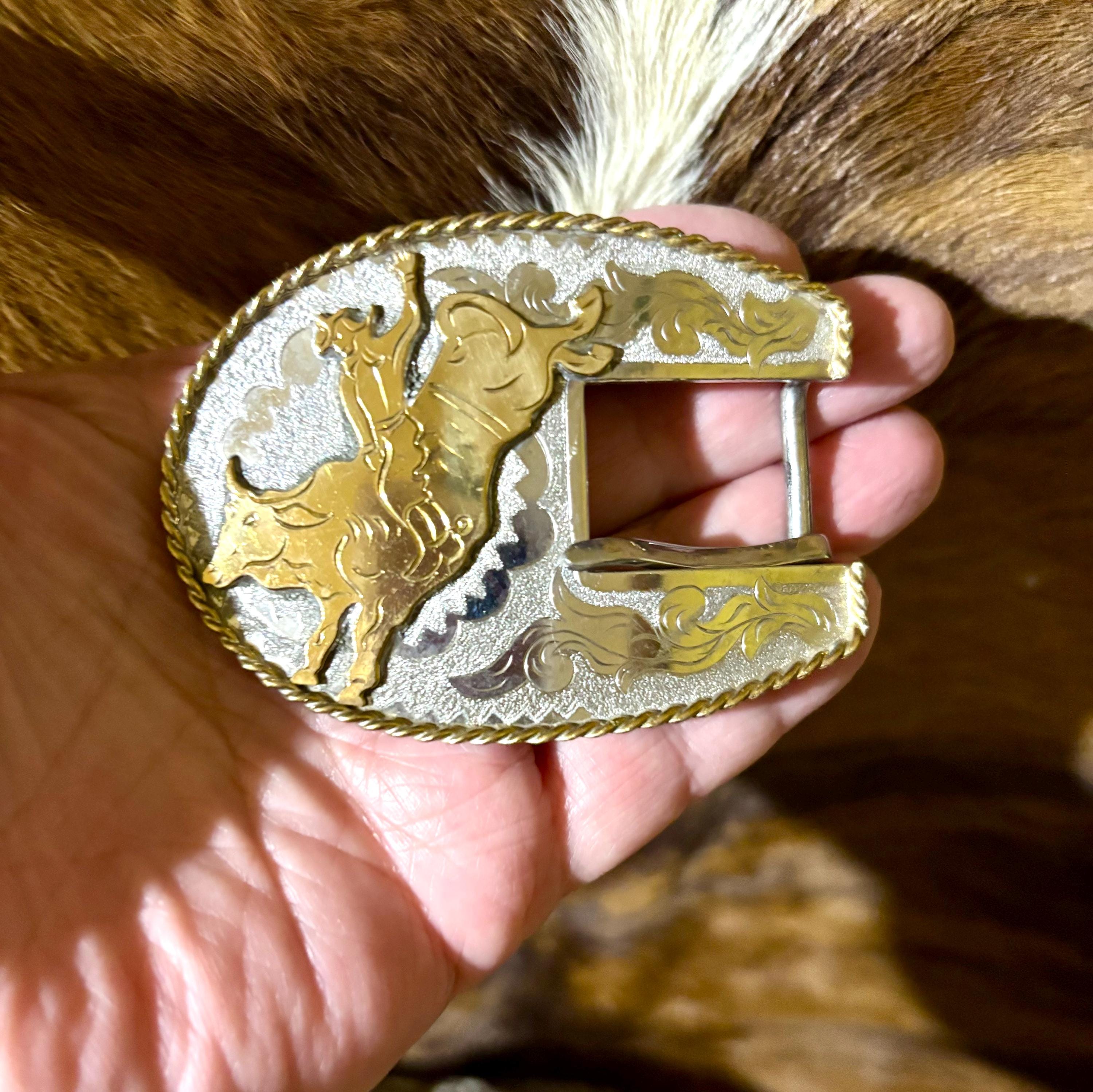 Hand Carved Bull Rider Belt Buckle: Nickel Silver Trophy, 3/4