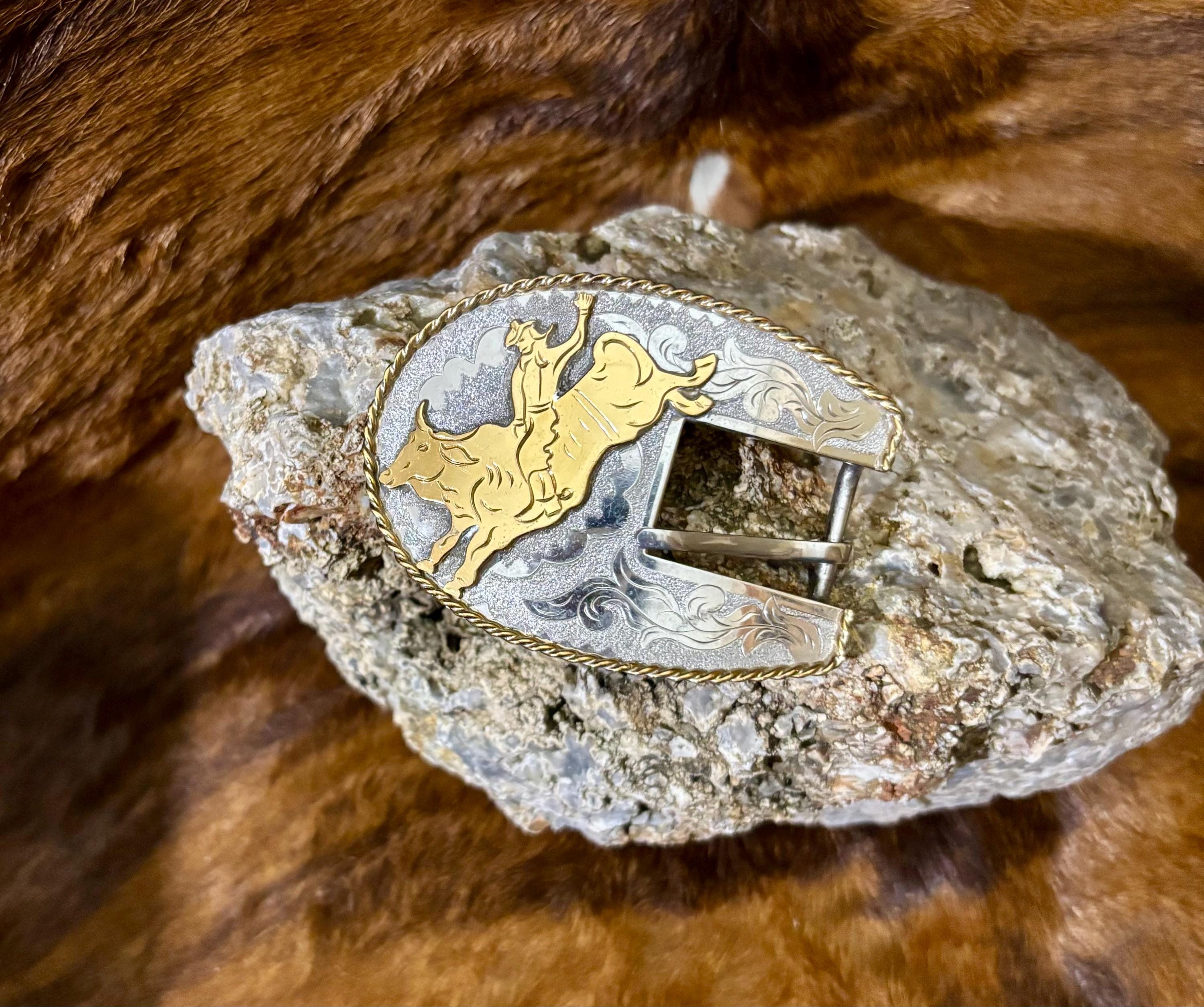 Hand Carved Bull Rider Belt Buckle: Nickel Silver Trophy, 3/4
