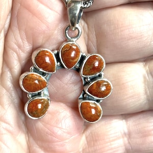 May include: A horseshoe-shaped pendant necklace with a silver chain. The pendant features seven orange-brown, teardrop-shaped stones set in silver. The necklace is a unique piece of jewelry.