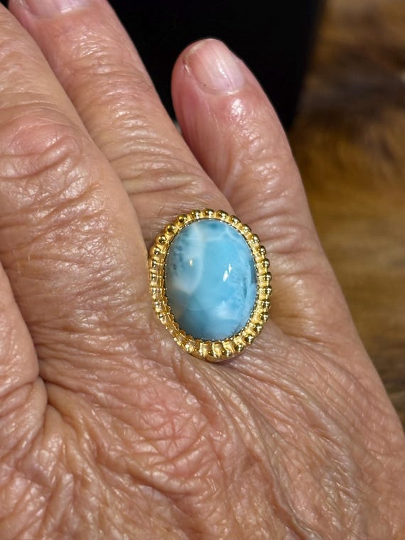 Adjustable Larimar Ring: Gold Over Sterling Silve… - image 2