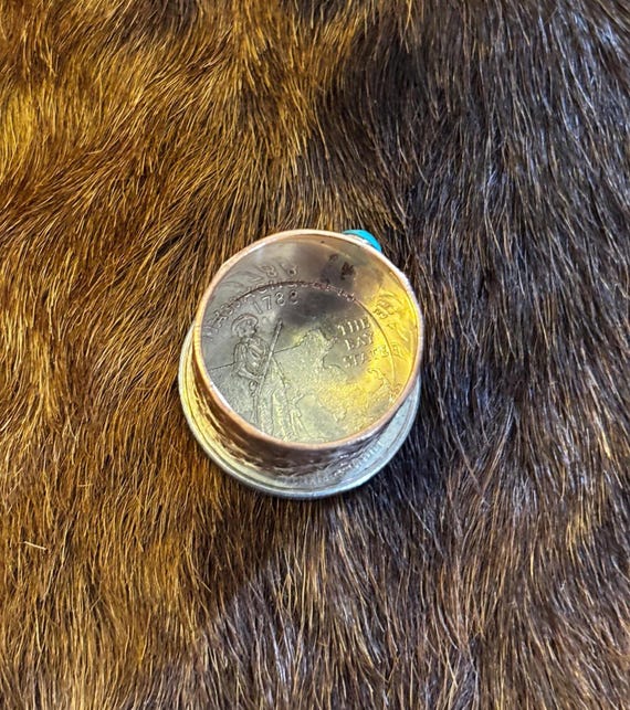 Solid Copper and Turquoise size 8 ring  Hand stam… - image 7