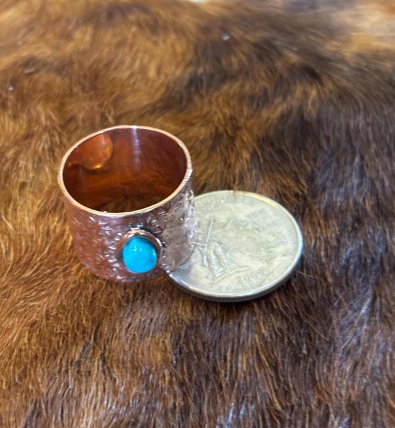 Solid Copper and Turquoise size 8 ring  Hand stam… - image 6