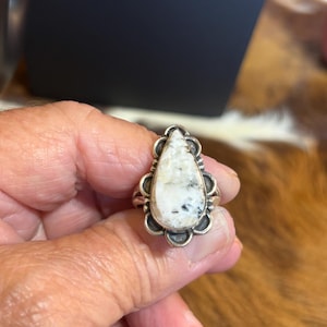 WHITE BUFFALO native ring. 1 1/4""long , SIZE 8 Set in 925 sterling sliver , close match to the white pendant necklace American Native Style
