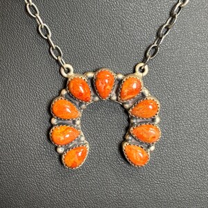 May include: A silver necklace with a horseshoe-shaped pendant. The pendant is adorned with vibrant orange teardrop-shaped stones. The necklace chain is a delicate silver link design, creating a striking contrast against the dark background.
