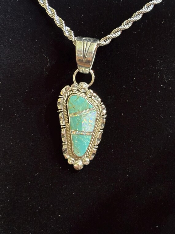 Native American Navajo inlay pendant signed James Manygoats opal, turquoise, Handmade Native, Art, Sterling Silver Pendant 24" chain Unique